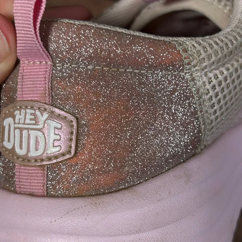 Hey Dude Sirocco Play Kids‎ Sneakers Pink White Glitter Rose Gold Size J5